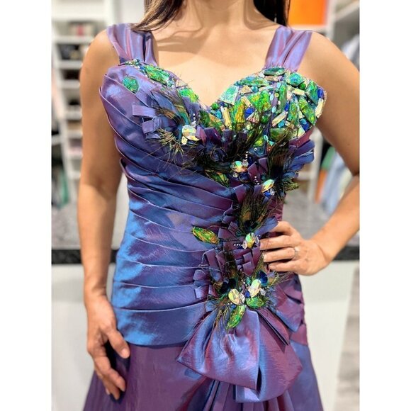 Precious Formals Purple Peacock Taffeta Y2K Formal Gown $420 - Picture 3 of 12